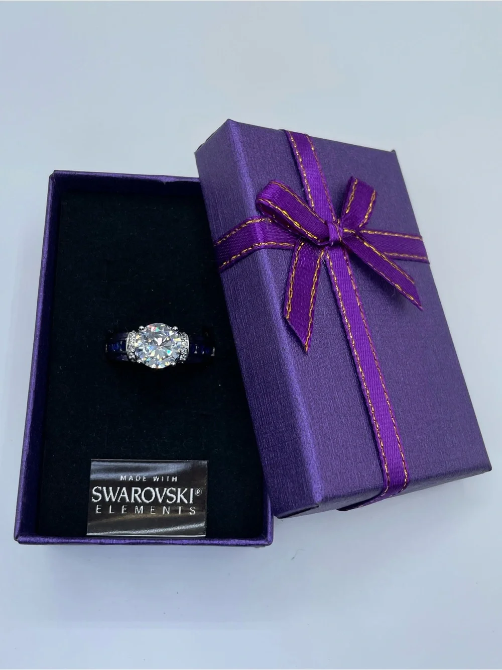 Swarovski Crystal Elements Blue White Crystal Solitaire Ring Sz 8.5 Glam Bridal